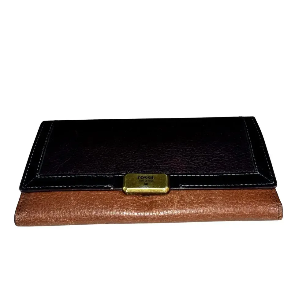 Vintage Fossil 2-Toned Brown Textured Leather Tri-Fold Wallet Flap Style 7.5